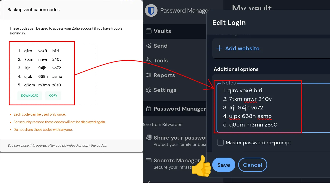 zoho totp backup codes into bitwarden notes